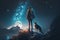 young hiker with backpack and a dog standing on the rock and looking at stars in the night sky, digital art style, illustration