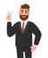 Young hipster businessman showing  victory. Trendy stylish person gesturing peace sign with fingers. Happy male character making.