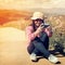 Young hipster girl photographer selfie with retro camera