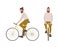 Young hipster man or male cartoon character with trendy hairstyle and beard riding bicycle. Stylish guy pedaling urban