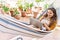 Young hispanic girl talking on the smartphone and using laptop lying on hammock at the terrace