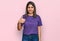 Young hispanic girl wearing casual purple t shirt doing happy thumbs up gesture with hand