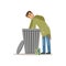 Young homeless man character looking for food in a trash can, unemployment man needing help vector illustration