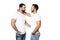 Young homosexuals gay couple love each other on a white background.