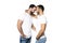 Young homosexuals gay couple love each other on a white background.