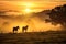 Young horses walking in fog at sunset. Generative AI