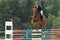 Young horsewoman in black jacket is jumping