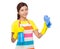 Young housewife clean with bottle spray and rag