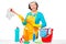 A young housewife with a mop and cleaning agents