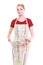 Young housewife with oven cooking mitten kitchen apron isolated