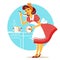 Young housewife in retro fashion dress cooking soup