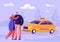 Young Hugging Couple Waiting Taxi Car on Street with Suburb Background. Transportation Service, Passenger Delivery, Destination
