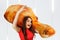 Young hunger pretty funny woman holds huge and large chicken big leg and laugh