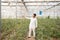 Young indian farmer touch plant standing at his poly house or greenhouse, agriculture business and rural prosperity concept. man