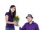 Young interracial couple with potted marigold plant, studio shot