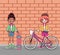 young interracial teenagers girls with bicycle and skateboard characters