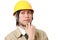 Young Japanese construction worker worries about something
