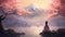 Young Japanese Woman Meditating in Front of Mount Fuji with Cherry Blossoms in Bloom, Pastel Japanese Landscape. Generative Ai