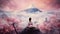 Young Japanese Woman Meditating in Front of Mount Fuji with Cherry Blossoms in Bloom, Pastel Japanese Landscape. Generative Ai