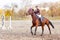 Young jockey girl riding horse on competition