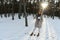 A young and joyful Caucasian girl in a brown coat holds a snowball in a snow-covered forest in winter