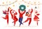 Young jumping and dancing people dressed in Santa Claus costumes and hats. New Year party celebration.