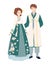 Young Korean family in Hanbok clothes. Man and woman smiling in korean suit for holiday or event. Newlyweds in