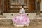 Young Korean girl, bride in hanbok wolking in the park
