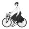 Young lady dressed in elegant clothes riding city bike drawn with contour lines on white background. Monochrome portrait