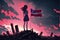 A young lady holding a flag stands atop the ruins of a city, gazing at the crimson sky with drifting clouds