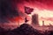 A young lady holding a flag stands atop the ruins of a city, gazing at the crimson sky with drifting clouds