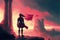 A young lady holding a flag stands atop the ruins of a city, gazing at the crimson sky with drifting clouds