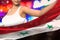 young lady holds Syrian Arab Republic flag in front on the party lights - flag concept 3d illustration