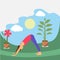 Young lady practicing yoga, lying cartoon on the park, nature landscape. Healthy lifestyle.A creative vector illustration