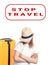 Young lady tourist with hat on face keeps hands crossed on chest near yellow suitcase on wheels isolated on white. Stop travel