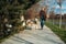 Young lady walking with her dog. Stylish blond hair woman with husky dog