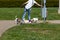 young lady walking with her dogs