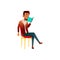 young latin man sitting on chair and reading book in waiting room cartoon vector