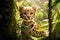 young leopard cub peering through lush foliage