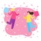 Young lesbian couple having fun at a pajama sleepover party. Two girls fight with pillows. Colorful concept for pajama party,
