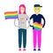 Young lesbian couple with rainbow flag and rainbow heart. LGBT. Romantic relationships and Love