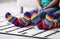 Young lesbians in rainbow stockings at home, closeup