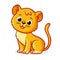 Young lion cub sits on a white background. Cute animal in cartoon style