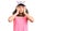 Young little girl with bang wearing funny kitty cap suffering from headache desperate and stressed because pain and migraine