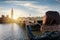 Young London tourist is taking photos with her cellphone from the Big Ben at Westminster