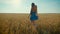 Young long haired woman with hat walking in yellow wheat field while travel and adventure