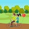 Young in love couple riding at double bike at forest background, vector cartoon characters