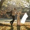 Young in love newly wed couple relaxing in field in golden afternoon sunlight