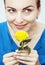 Young lovely caucasian woman sniff yellow rose
