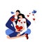 Young lovely couple is hugging surrounded by hearts. Man gentle and carefully hugs his love. Cute gift card for Valentine\\\'s day